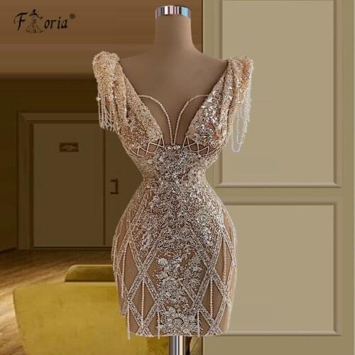 Champagne V Neck Mermaid Cocktail Dresses Mini Short Evening Prom Dress 2020 Beads Tassel Celebrity Dresses Robes De Bal