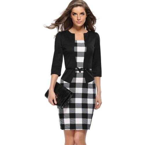Black white Fake 2 piece set Women OL work Business Office Career Slim Sheath Pencil Dress