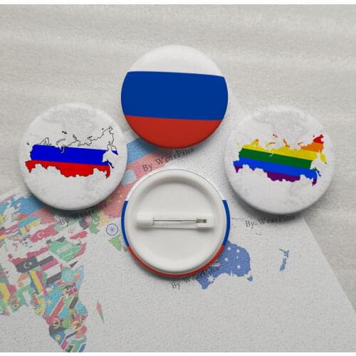 Russian Federation Flag Map Tin Button Pins LGBT Gay Rainbow Pride Tin Button Badges
