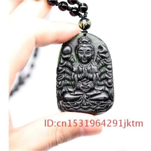Pisces Chinese Green Pendant Jade Accessories Guanyin Necklace Natural Jewelry Hand-Carved Obsidian Gifts Charm Amulet for Black