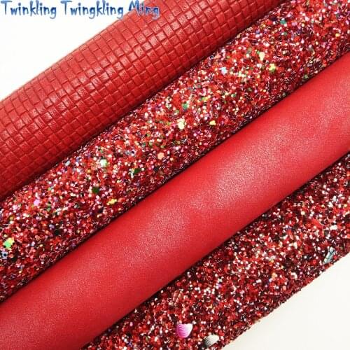 RED Chunky Glitter leather Weaving Synthetic Leather Metallic Faux Leather Fabric For Bow A4 21x29CM Twinkling Ming KM097