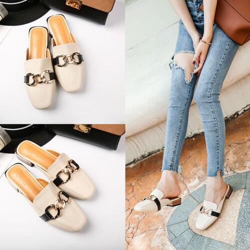 Patent leather chains decoration mules shoes women plus size 40 41 42 square toe slides lady summer thick square heel slippers