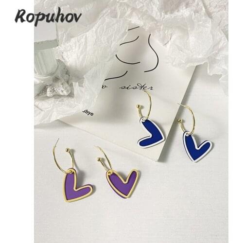 ROPUHOV 2021 New Korean ZA Trendy 925 Silver Pin Hit Peach Heart Earrings Blue Retro Sweet Earrings Studded Women
