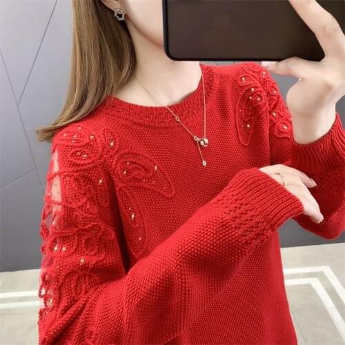 2021 New Women Sweaters And Pullovers Autumn Long Sleeve Short Lace Embroidery Hollow out Knitted Sweater Female Jumper Tops