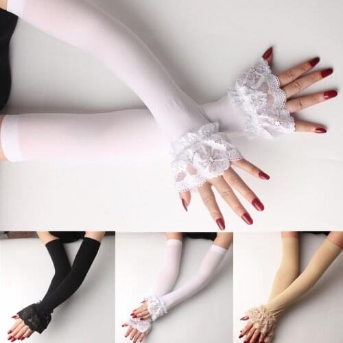 1 Pair Elastic Sleeve Driving Gloves Long Fingerless Ice Silk Lace Arm Sleeve Mittens Covered Summer Sunscreen Lace Gloves Women