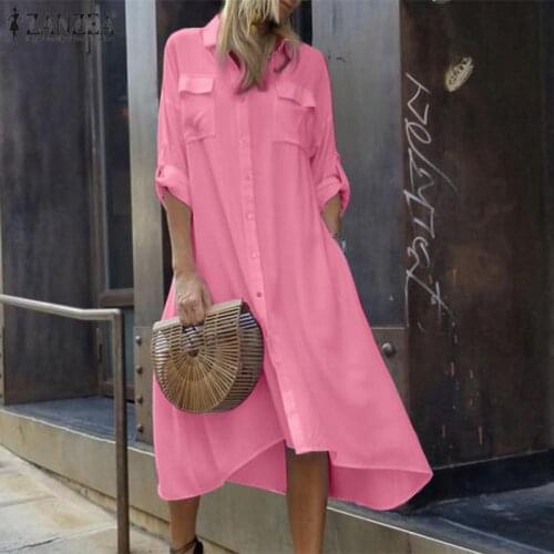 ZANZEA Women Vintage Shirt Dress 2021 Summer Ladies Knee Length Vestidos Casual Solid Long Sleeve Lady A-line Oversized Sundress