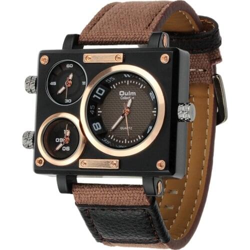 Luxury Quartz Watch Brand Rectangle Men Quartz Dress Fashion Watch Oulm 3595 Three Time Zone Canvas Strap Relogio Masculino