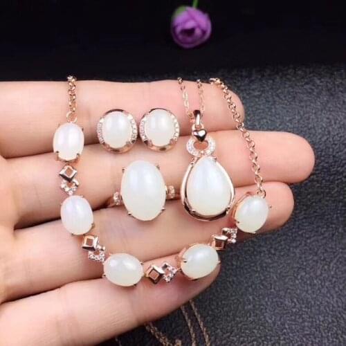 Natural and Real Hetian White Jade jewelry set 925 sterling silver 1pc pendant,1pc ring ,2pcs Earring,1pc Bracelet