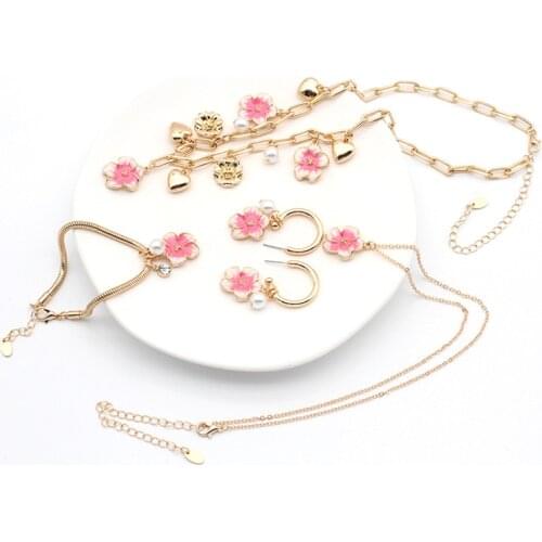 Jewelry Sets Beautiful Flowers Romantic Necklace/Earrings/Bracelet Enamel Paint Heart Pearl Princess Gift Girl Love Sweet 202145