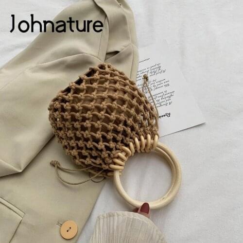 Johnature Fashion Solid Wood Ring Handbag Women Summer 2021 New Versatile Hollow Out Woven Bag Holiday Beach Mini Handbag
