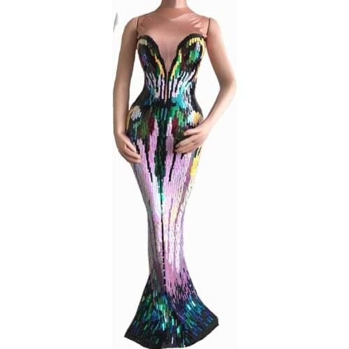 Womens Evening Party Wear Colorful Sequins Long Dress Luxurious Stretch Dress Prom Birthday Celebrate Female Singer Dresses