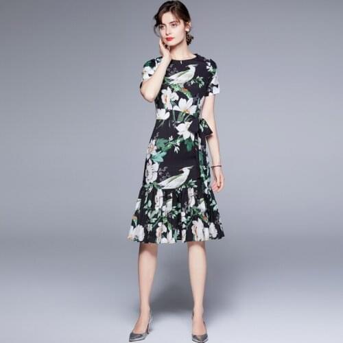 NEW Summer Runway Bodycon Mermaid Dress Womens Short Sleeve Back Flower Print Ruffles Party Dress with Belt k8854