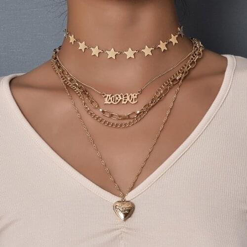 Personality Vintage Gold Chain Locket Heart Pendant Necklace for Women Punk Star Letter Choker Necklace Fashion Jewelry Gifts