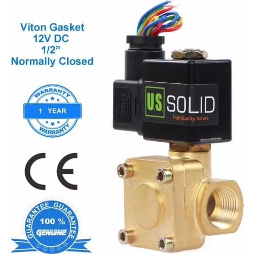 U.S. Solid 1/2" Brass Electric Solenoid Valve 12V DC Normally Closed for Air, Gas, Fuel, CE Certified