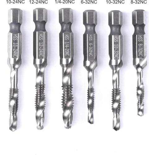 6Pcs/Set 1/4''/6.35mm Hex Shank Spiral Flute HSS Combination Screw Tap Drill Bit Tool of Imperial Units 6-32NC to 1/4-20NC