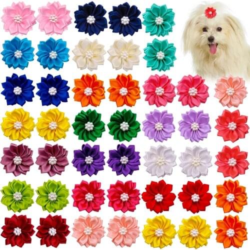 100X Cute Pet Dog Cat Hair Bows Flowers for Dog Wedding Party Holiday Daily Accessories Pet Grooming Bows with Rubber Bands