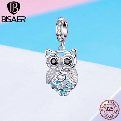 BISAER 100% 925 Sterling Silver Owl Beads Blue Cubic Zircon Charms Fit Bracelets Necklaces For Women Fashion DIY Jewelry ECC1124