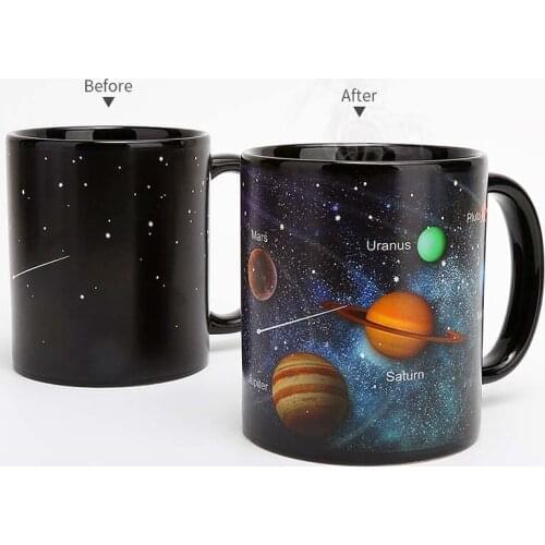 Black ceramic cup hot water 330ml Solar System color changing mug with handle