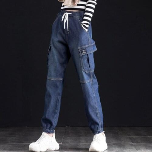 Vintage Woman Jeans Cargo Pants Elastic Waist High Waist Jeans Womens Autumn Loose Ankle Banded Jeans for Women Denim Jeans