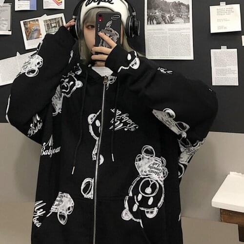 HOUZHOU Black Gothic Oversized Sweatshirt Autumn Thin Zipper Long Sleeve Streetwear Women White Zip Up Hoodie Hip Hop Korean