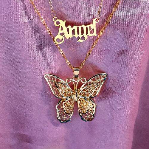 JJFOUCS Boho Multilayer Hollow Butterfly Pendant Necklaces Gold Color Metal Angel Letter Necklace for Women Punk Hip Hop Jewelry