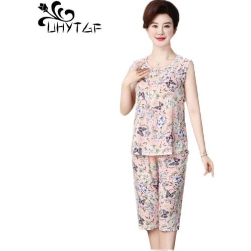 UHYTGF Mom Summer Pajamas Printed Cotton Silk Comfortable Plus Size Two-Piece Set Women Thin Home Wear Sleeveless Sleepwear 2139