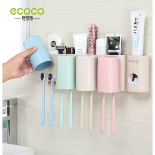 Ecoco Multifunctional Toothbrush Holder Wall-mount Toothbrush Toothpaste Cup Storage Bathroom Accessories for Family Couples Set