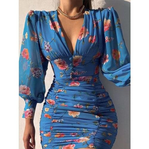 Fashion Sexy Puff Lateral Shell Plunge Print Mini Club Party Floral Dress