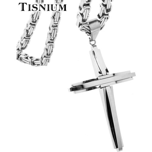 Men Women Cross Pendant Necklace Mosaic Overlay Modeling Gold Tone Stainless Steel Chain Fashionable Byzantine Style Choker