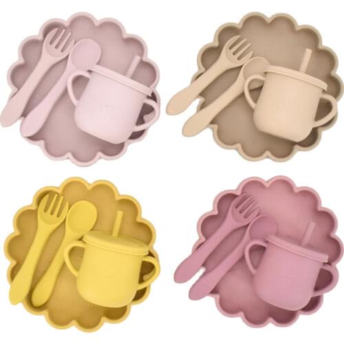 Baby Tableware Set Baby Silicone Plate Feeding Cup Sets Food Grade Silicone BPA Free Waterproof Spoon Non-Slip Feeding Dishes