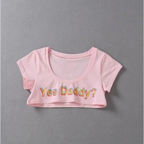 Sexy Cute Crop Tops Short Sleeve Cropped Shirts Summer Yes Daddy Letter Print T Shirt pink black white