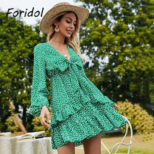 Foridol Green Polka Dot Dress for Spring Autumn Women Ruffled Long Sleeve Mini Dress Female Elegant Boho Beach Vestidos