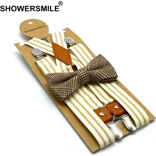 Suspenders With Bow Tie Mens Women Suspenders Braces Beige Striped X Back 4 Clips Fashion Party Unisex Pants Strap 120*2.5cm