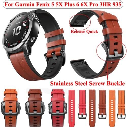 Leather 26 22mm Quick Release Watchband Wriststrap For Garmin Fenix 6 6X Pro 5X 5 3HR Silicone Watch Easyfit Bracelet Wrist Band