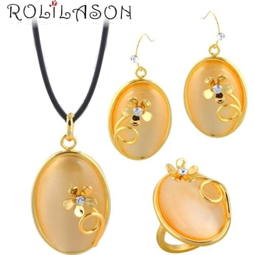 ROLILASON Elegant Yellow Zircon Gold Tone Sets Earring /Necklace/Pendant/ Rings Fashion Jewelry for Women JS689