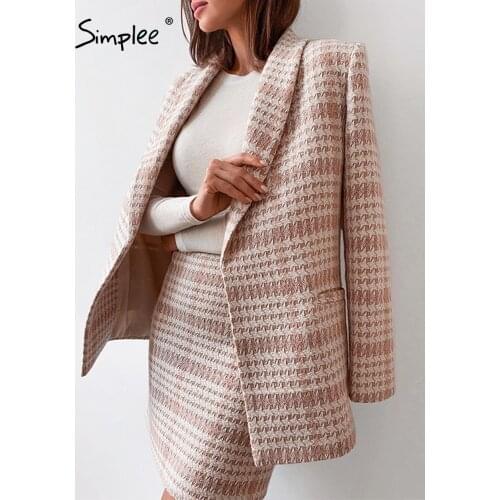 Simplee Vintage houndstooth v-neck women blazer suit Office lady plaid shoulder pads pink two pieces set Pocket mini dress sets