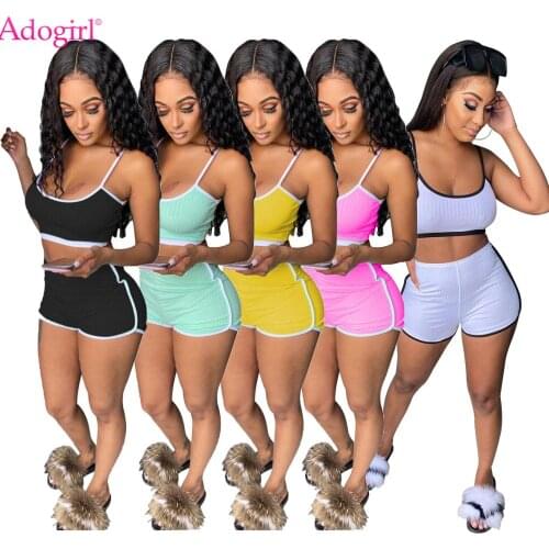 Adogirl Casual Color Patchwork Ribbed Two Pieces Set Fashion Camisole Crop Top Skinny Shorts Suit 2020 Fashion Jogger Tracksuit