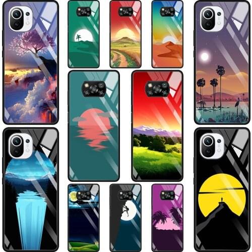 Phone Glass Case For Mi Poco X3 NFC 10T 9T Note 10 11 Pro Lite Ultra 11i F3 Transparent Fitted Fundas Cartoon Sunrise moon Photo