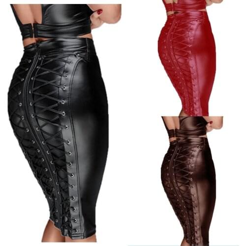 Womens Knee Length Wet Look Gothic Black PU Leather Skirt Lace Up zipper Erotic Bandage Bodycon faux leather Skirts Plus size