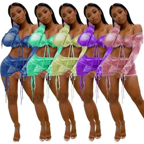 Summer Women Two Pieces Sets Dresses tie-dye Print V-neck Crop Tops + Stacked mini Skirts Suits Sexy Night Club Party Tracksuits
