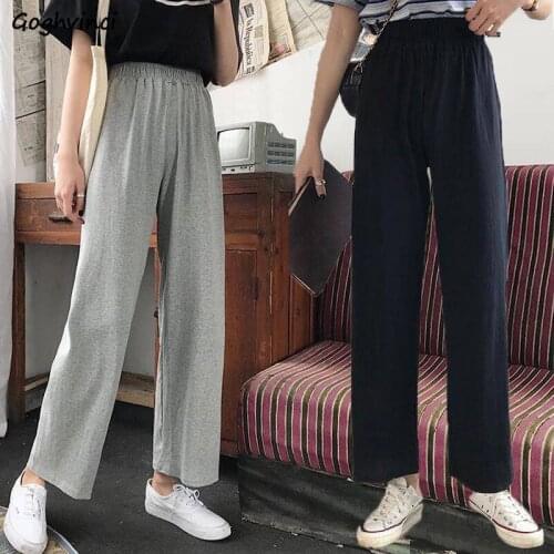 Women Casual Pants Solid Elastic Waist Empire Wide Leg Straight Trousers All Match Thicker Ulzzang Chic Basic Bottom Students