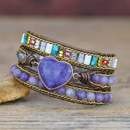 Healing Amethyst Wrap Bracelet Love Shape Pendant 3 Layers Bracelet for Women Friendship Bracelet Dropshipping