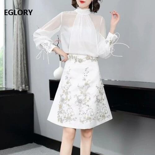 High Quality New Runway Skirt Suits 2021 Spring Summer 2 pc Set Women Silk Chiffon Tops Blouse+Vintage Embroidery Mini Skirt Set