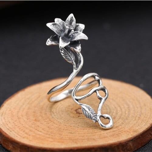 Genuine 925 Sterling Silver Thai Silver Jewelry Popular Flower Retro Personality Opening Rose Ring For Women