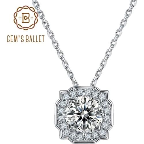 GEMS BALLET 925 Sterling Silver Halo Necklace 1.0ct VVS1 Brilliant Moissanite Diamond Pendant Necklace For Women Wedding