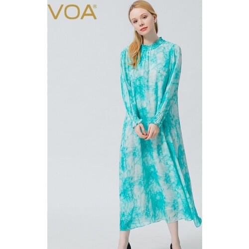 VOA Silk Georgette Blue Ink Stand Collar Flare Long Sleeve Bohemian Printing Dyeing Process Elegant Dresses for Women AE966