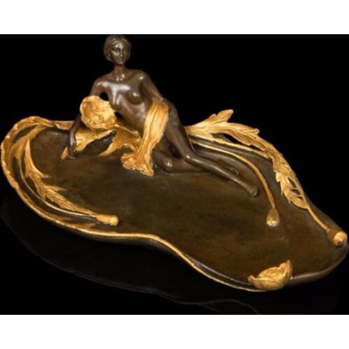 26 CM Western Art Deco Bronze Nude Women Fair maiden Girl Sculpture Tray Salver