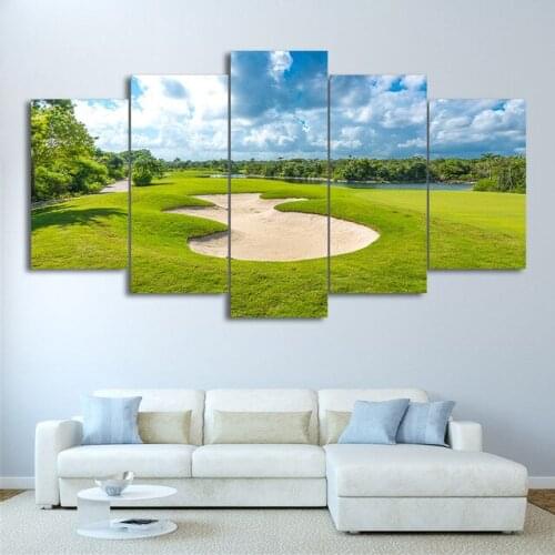 5 Pieces Modern Canvas Wall Art Pictures Decoration for Living Room Golf Course Painting Blue Sky Green Lawn Paintings No Framed