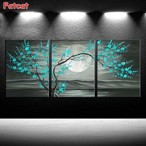 Diamond painting 3 pcs of gray and blue green floral plum trees full square/round drill rhinestone embroidery wall decor PP1516