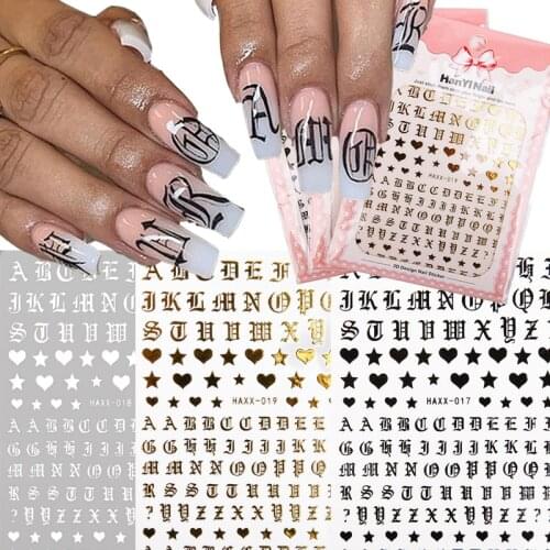 3D Nail Art Stickers Letter Nail Applique Gold Letter Black White Character Self Adhesive Transfer Decal DIY Nail Art Decoration